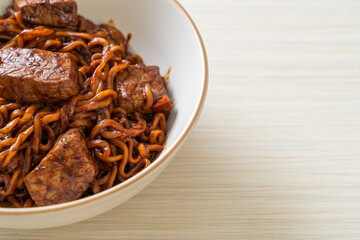 Jjapaguri or Chapaguri, Korean Black Beans Spicy Noodles with Beef