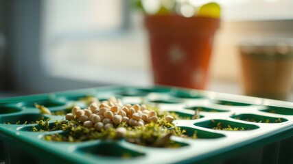 A close-up view of a green seedling tray with white seeds sprouting in moss, blurred background