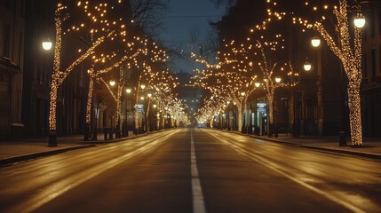 Illuminated trees lining an empty urban street at night