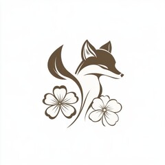 Obraz premium A stylized fox illustration accompanied by two flowers.