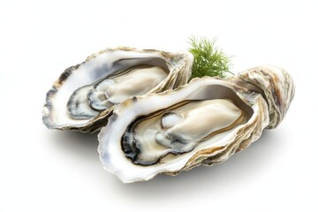 Two fresh oysters on white background. Perfect for menus, seafood websites, or culinary articles.