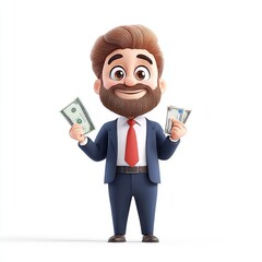 Happy Cartoon Character in Business Suit Holding Cash and Smiling