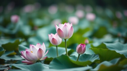 Obraz premium Delicate Pink Lotus Flowers Gracefully Emerge from Lush Green Water Lily Pads in a Serene Pond Setting