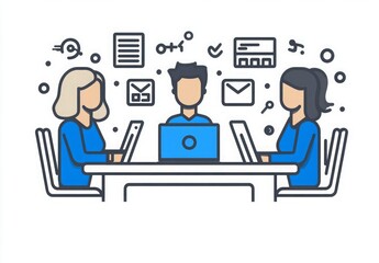 "Tiny Workers and Icons Showcasing Teamwork Around a Computer"
