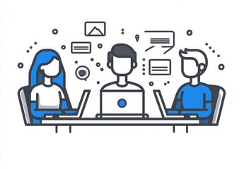 "Tiny Workers and Icons Showcasing Teamwork Around a Computer"
