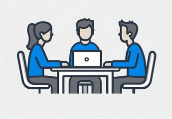 "Tiny Workers and Icons Showcasing Teamwork Around a Computer"
