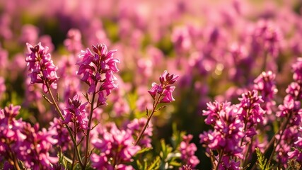 A Field of Delicate Pink Flowers Blooming in the Warm Light of the Setting Sun
