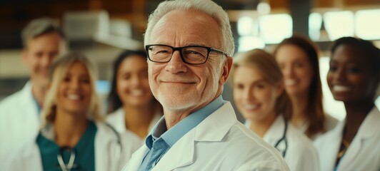 Parts of a senior doctor and group medical team standing in line, looking at the camera with copy space for your text message