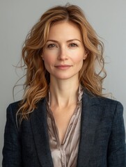 Fototapeta premium A poised businesswoman exudes confidence while wearing a tailored navy blazer and silk blouse. Natural light accentuates her features against a soft grey backdrop