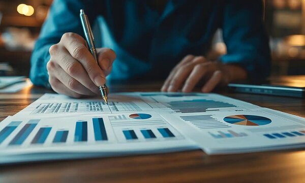 A close-up of a person's hand holding a pen, analyzing printed reports with graphs and charts, emphasizing business analysis and data interpretation.