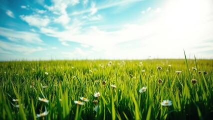 Obraz premium A close-up view of a field of green grass with scattered daisies, bathed in warm sunlight against a backdrop of a bright blue sky with white fluffy clouds.