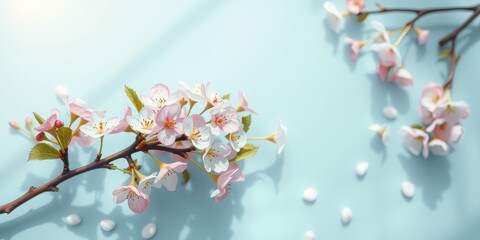 Delicate Pink Blossoms Gracefully Resting on a Light Blue Surface, Capturing the Essence of Spring's Arrival