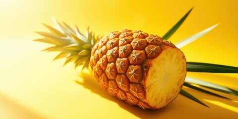 A juicy pineapple with its skin peeled back, revealing the bright yellow flesh, rests on a sunny yellow background.