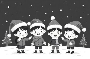 Fototapeta premium Four smiling children in Santa Claus hats on a snowy forest background. Сhristmas and New Year celebrating. Black and white picture, copy space