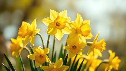 Fototapeta premium A close-up image of a vibrant cluster of yellow daffodils, basking in the warm glow of the sun, showcasing their delicate petals and trumpet-shaped centers, with a soft, out-of-focus background.