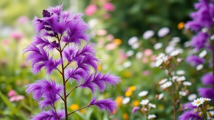 A single stalk of purple flowers with feathery blooms stands out against a blurred background of various wildflowers