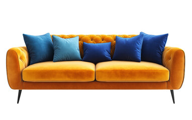 Fototapeta premium Stylish Velvet Sofa with Blue Cushions on Transparent Background