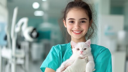 Caring Female Vet Comforting Adorable Sick Cat in Her Arms