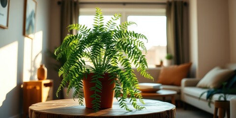 Fototapeta premium A Lush Green Fern Plant In A Clay Pot, Sitting On A Wooden Coffee Table, Basking In The Warm Light Of A Sunlit Living Room
