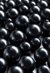 Closeup of numerous glossy black spheres, varying in size, densely packed together. Creates a dark, abstract, 3D rendered texture.