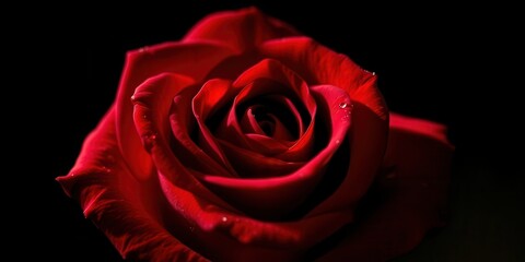 A single velvety red rose with dew drops, its petals unfurling in a dramatic display against a dark background.