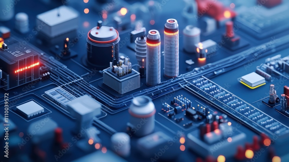 Poster futuristic technology landscape with microchip and circuit board elements showcasing advanced electr