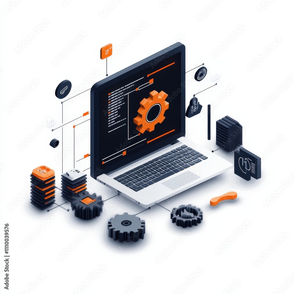 Aufkleber Modern Laptop with Gear and Code Elements Representing Technology and Engineering Concepts in a Flat Design Style, Perfect for Digital Solutions and Innovation Themes