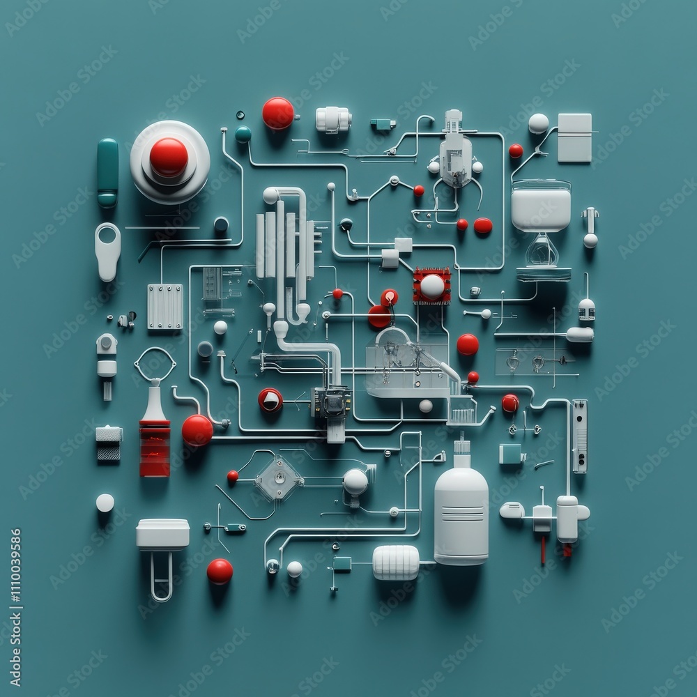 Poster abstract composition of colorful 3d geometric elements and industrial components on a teal backgroun