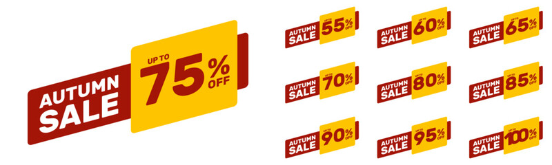 autumn sale up to 55 60 65 70 75 80 85 90 95 100 percent off, vector advertising banner or season discount collection
