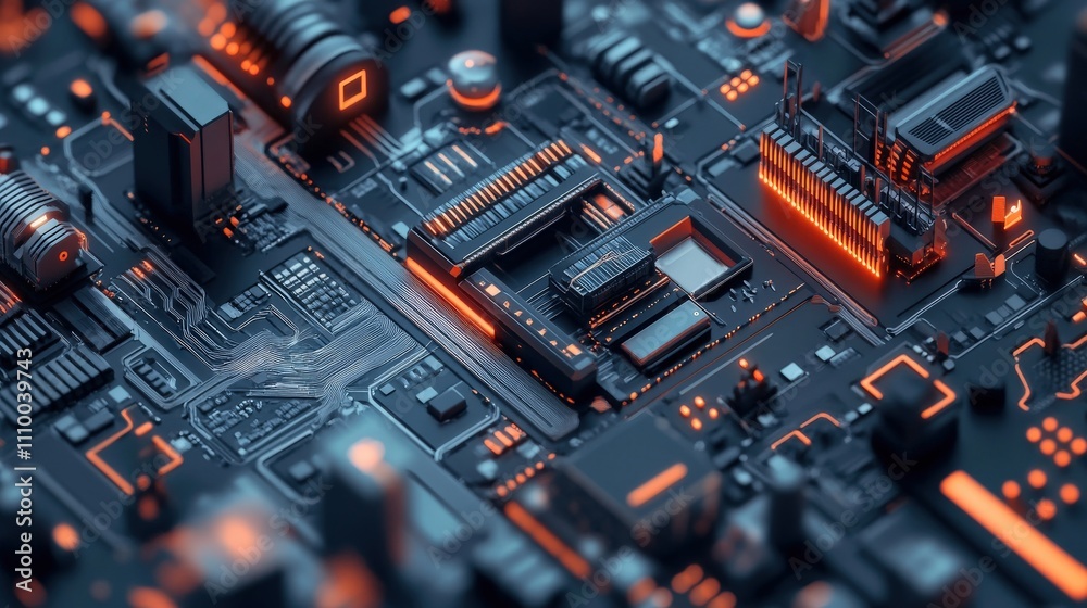 Poster futuristic circuit board with glowing orange accents and complex structure showcasing modern technol