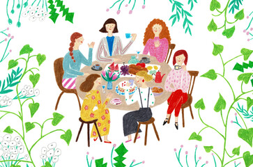 手描きイラスト　テーブルを囲んで食事をする女性たち