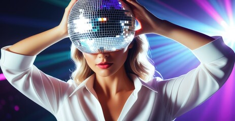 Fototapeta premium Fashionable woman holding disco ball in vibrant party lights