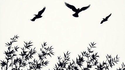 Fototapeta premium Silhouettes of birds in flight soaring above a backdrop of delicate leafy branches, capturing a moment of aerial grace and the interplay of nature's elements.