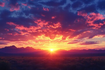 Fototapeta premium Vibrant sunset over mountain range, fiery clouds. Ideal for travel, nature, and inspirational projects.