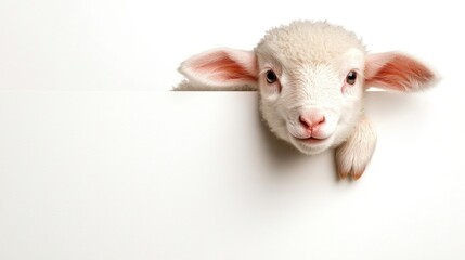 Adorable Baby Lamb with Blank Sign Resting on Fingertip - Isolated on White Background