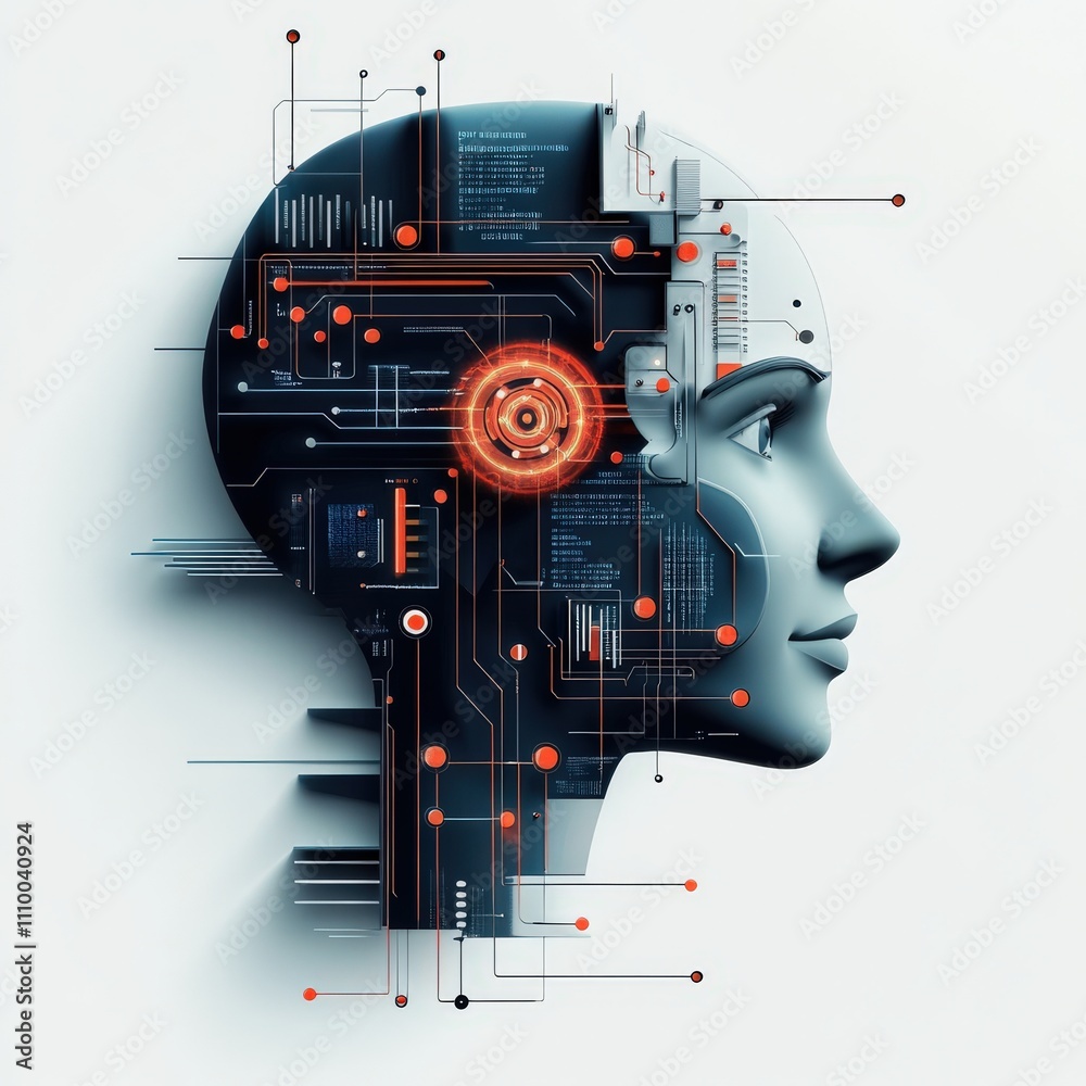 Aufkleber Futuristic Concept of a Human Head with Digital Circuit Patterns and Light Elements Representing Artificial Intelligence and Technology Innovation
