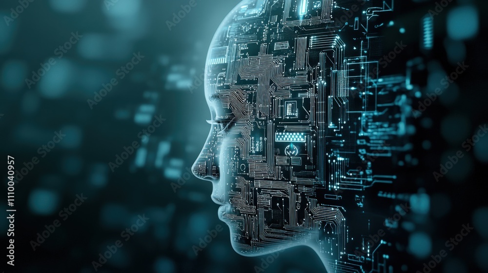 Poster Futuristic Digital Representation of Human Face Merged with Abstract Circuit Patterns in a Surreal Technology Concept of Artificial Intelligence and Machine Learning