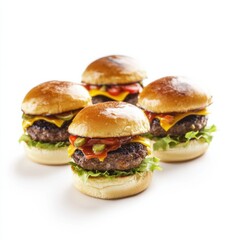 A trio of gourmet sliders with assorted toppings, isolated white background, surreal art style