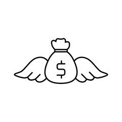 Flying moneybag icon. Money bag with wings cartoon vector outline illustration. great for financial, investment, or businessrelated content in need of eyecatching visuals.