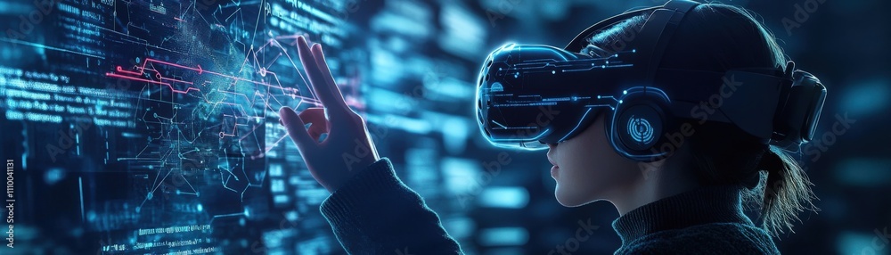 Poster Immersive Virtual Reality Experience with High-Tech Headset and Data Visualization Elements for Future Technology and Gaming Exploration