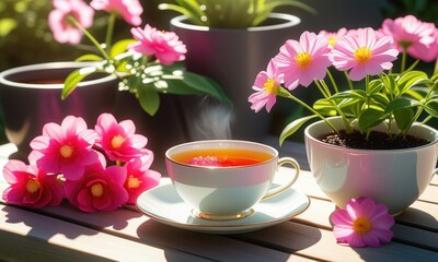 Steaming tea cup in sunlit garden with vibrant pink flowers and greenery