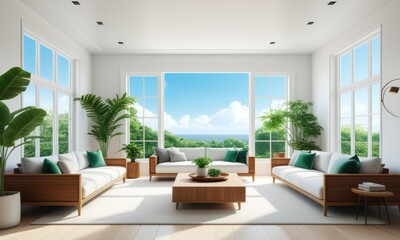 Fototapeta premium Modern living room with tropical plants and ocean view in bright natural light