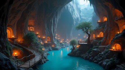 Obraz premium A large cave with high rocky walls. Inside the cave flows a river illuminated by many lanterns