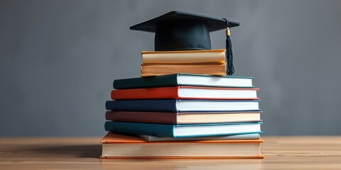 A Graduation Cap Resting Atop A Stack of Books Symbolizing the Completion of a Journey of Learning and the Pursuit of Knowledge
