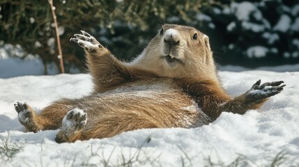 A playful marmot lying in the snow, showcasing its fur and relaxed demeanor.