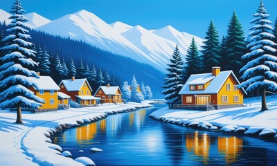 Fototapeta premium Snowy alpine village with yellow cabins beside river and mountain backdrop