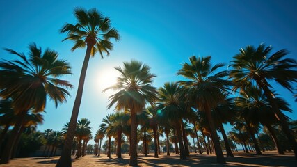 Obraz premium A vibrant grove of palm trees bathed in golden sunlight against a cerulean sky, creating a tranquil oasis in the midst of a tropical paradise.