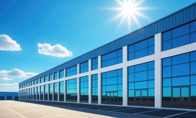 Modern industrial warehouse with reflections on sunny day