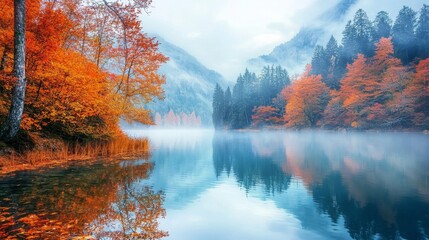 Fototapeta premium Peaceful Autumn Lake at Dawn Surrounded by Trees