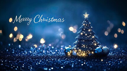 A midnight blue card with "Merry Christmas" in glittering silver, featuring spacious copy space framed by stars and a small Christmas tree.